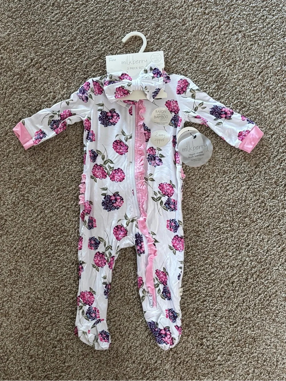 MILKBERRY 2 piece Outfit Zipper Sleeper & Headband Pink Floral NWT Sz 3-6 month